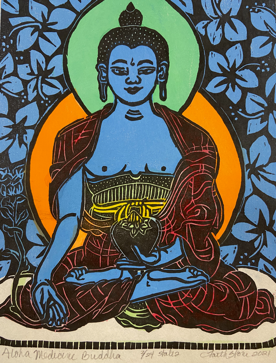 Aloha Medicine Buddha - Buddhist Woodblock Print by Faith Stone