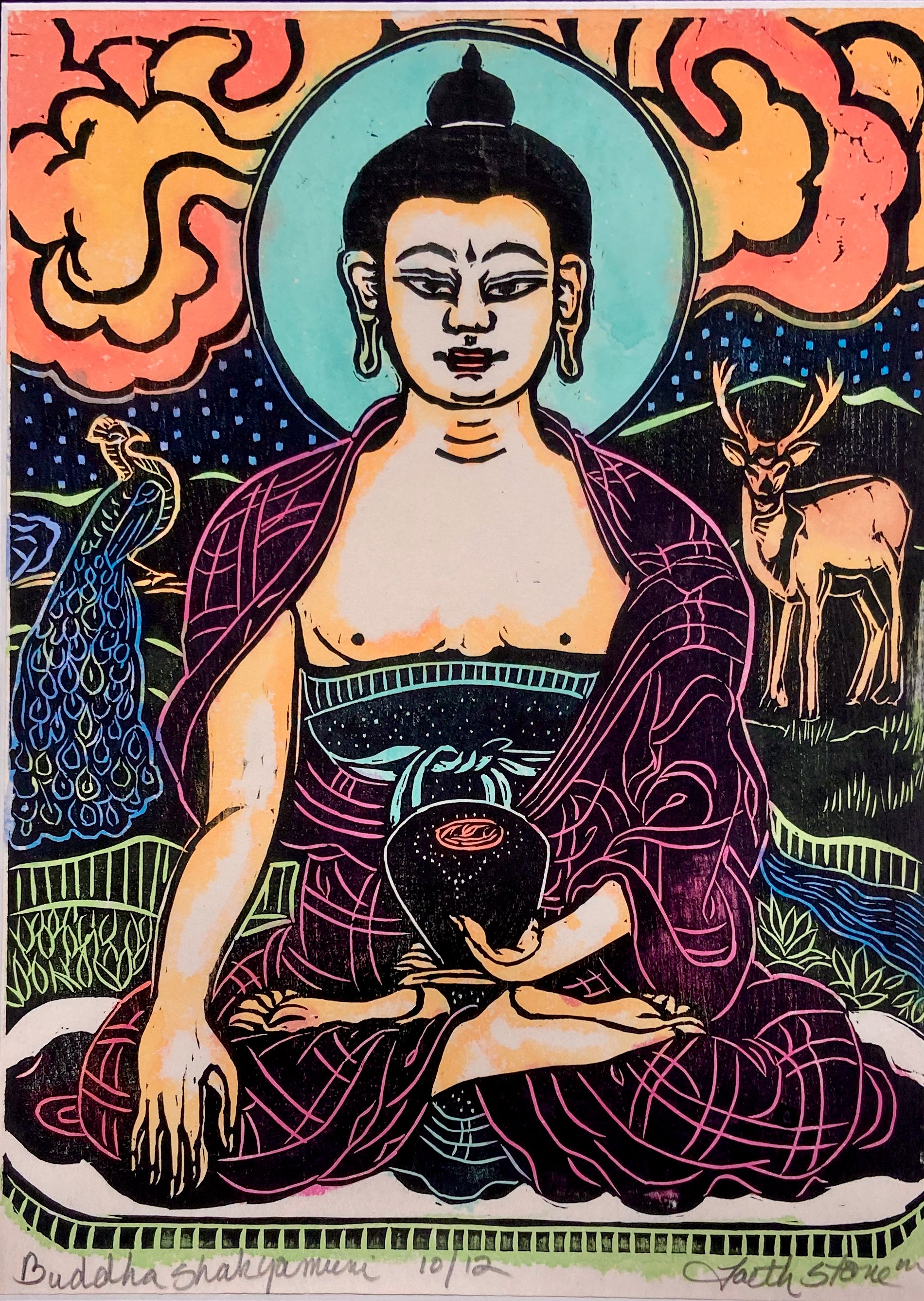 Shakyamuni Buddha with Peacock \u0026 Stag - Woodblock Print by Faith Stone –  Lion's Roar, image size:1900x2675